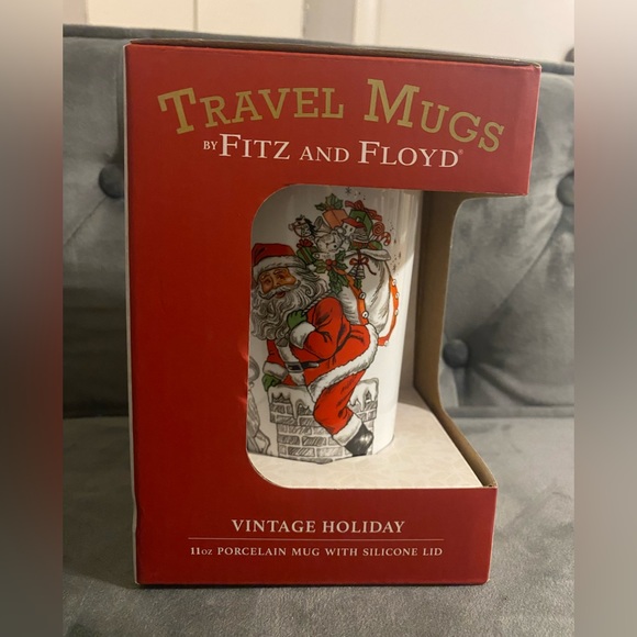 Fitz and Floyd Travel Mug Holiday Christmas Santa Reindeer New In Box 2016 - Picture 1 of 6